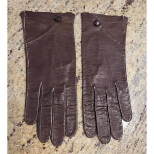 Vintage Womens Size M 7 Brown Leather Gloves Fold Look Button